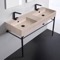 Beige Travertine Design Ceramic Console Double Sink With Matte Black Stand, 48